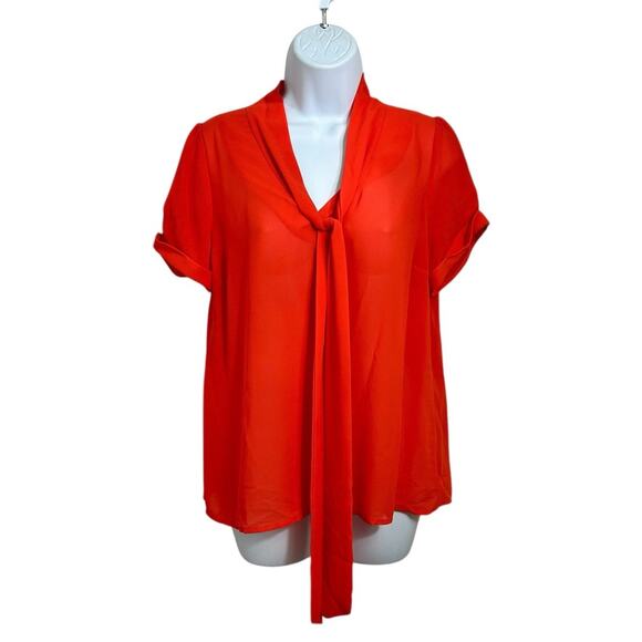 C. luce Orange V-Neck Chiffon Blouse Sz M Neck Tie Button Back Top Semi Sheer - Picture 5 of 7